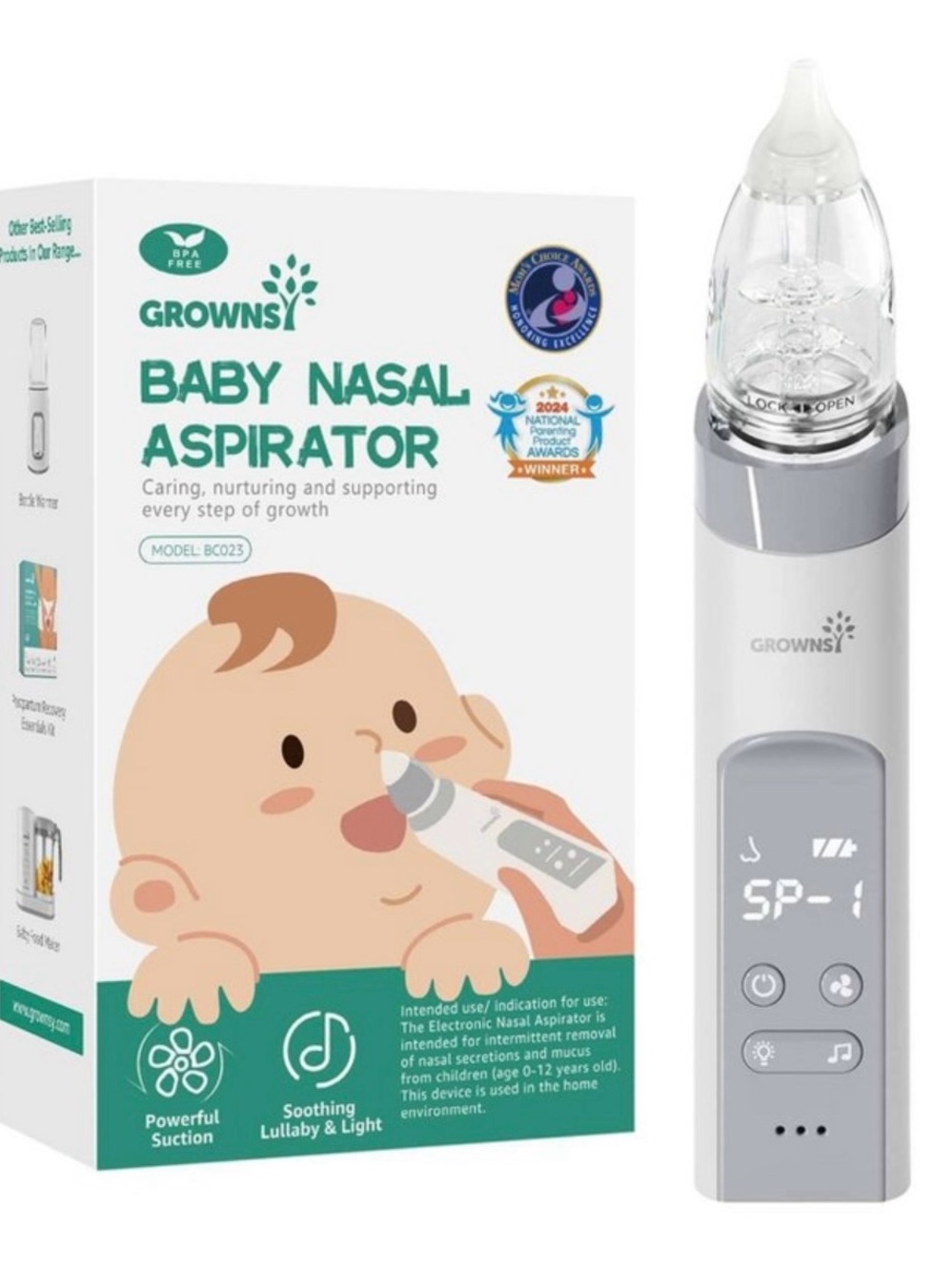 NEW Grownsy Baby Infant Nasal Aspirator Nose Sucker Digital Rechargeable Gray